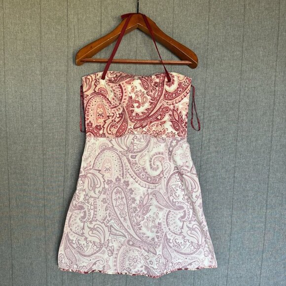 Y2K Vintage Old Navy Ivory Burgundy Pink Paisley Print Halter Neck Dress Size 10 - Picture 12 of 16